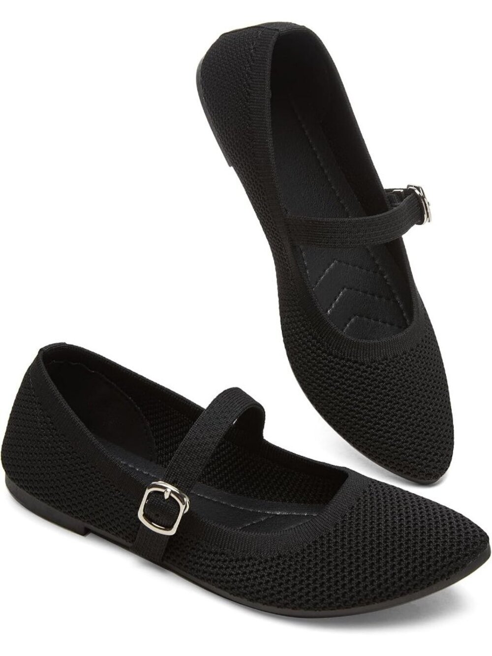 Women's Black Knit Mesh Ballet Flat Foldable With Buckle Strap Comfortable Shoes